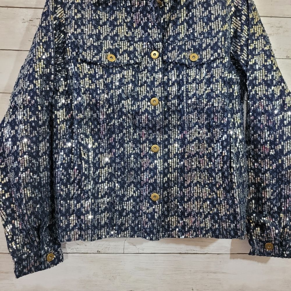 Boutique Denim Blue Jacket Silver Sequin Embellished Brass Button Raw Hem Sz XS - Picture 4 of 12
